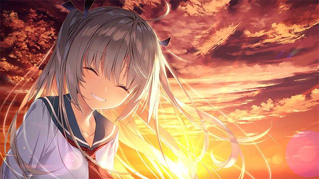 笑顔のアトリと夕空
