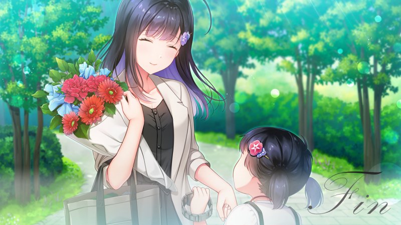 大人になったアサガオが、娘の碧唯とお墓参りに行くCG