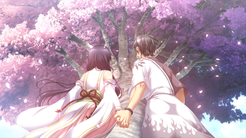 手をつないで桜を見上げる春姫と信