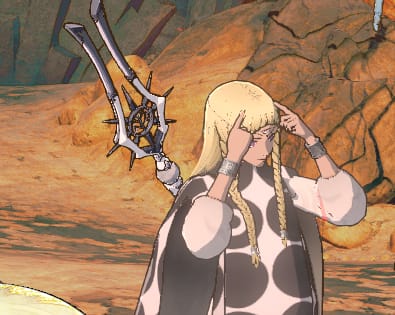 頭に人差し指をあてるユーファ