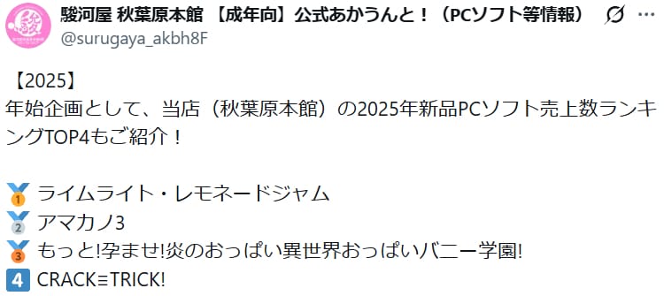 駿河屋 秋葉原本館の2025年新品PCソフト売上数ランキングTOP4